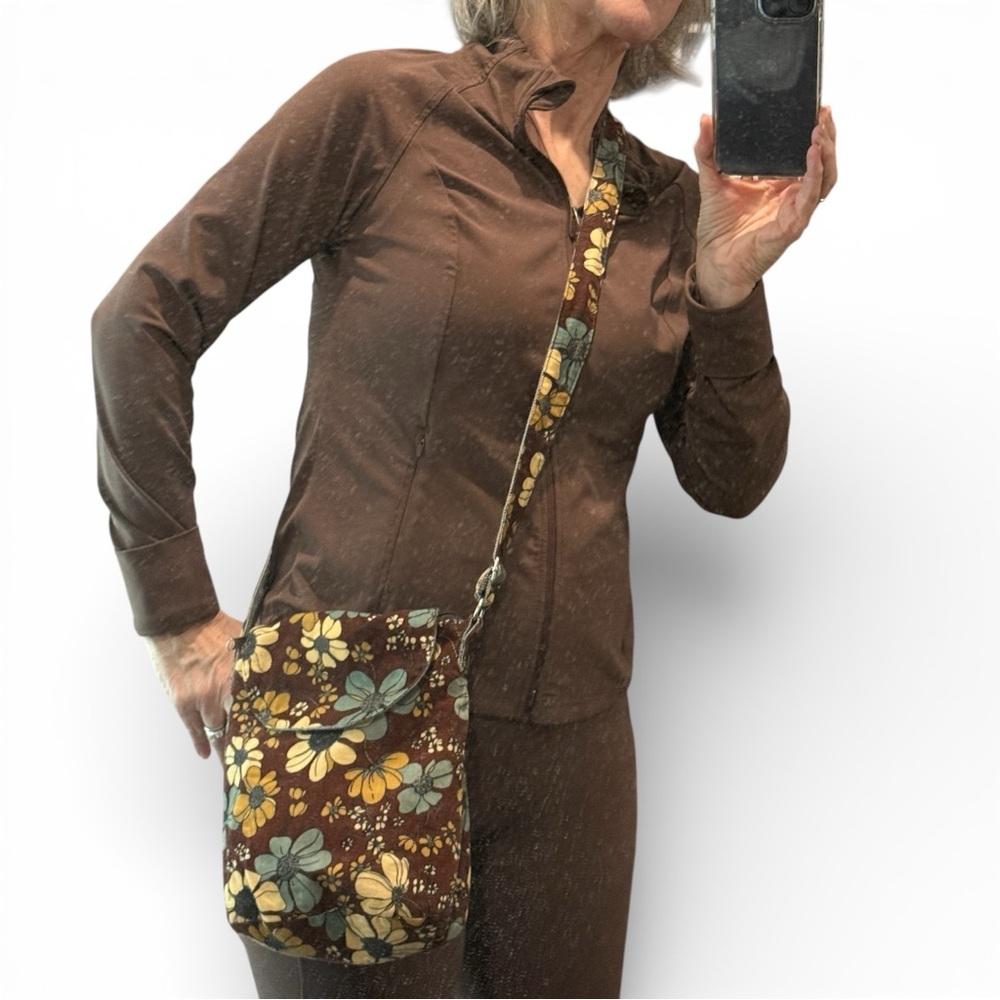 Brown Floral Corduroy Crossbody Bag 70s Retro Boho Hippie